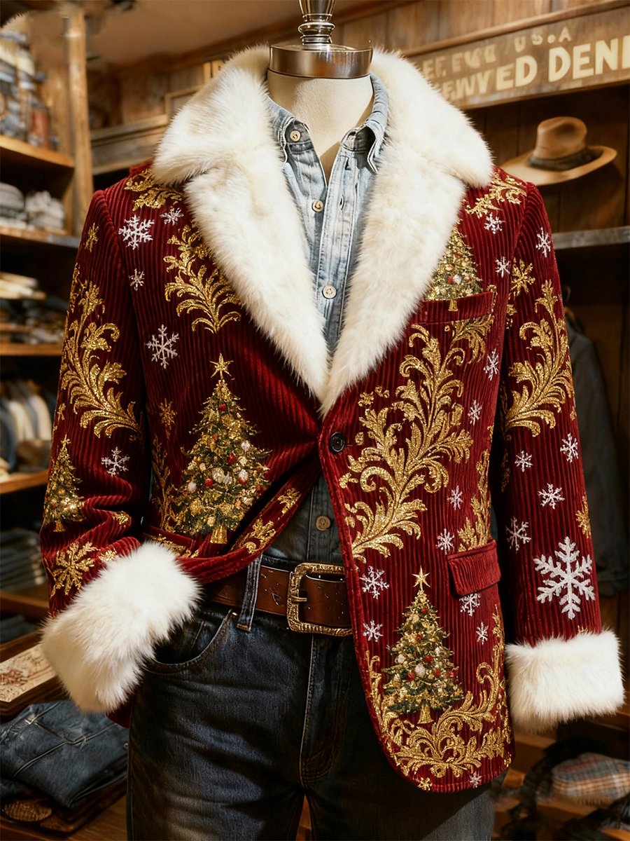 Men's Christmas Tree Plush Lapel Suit Jacket