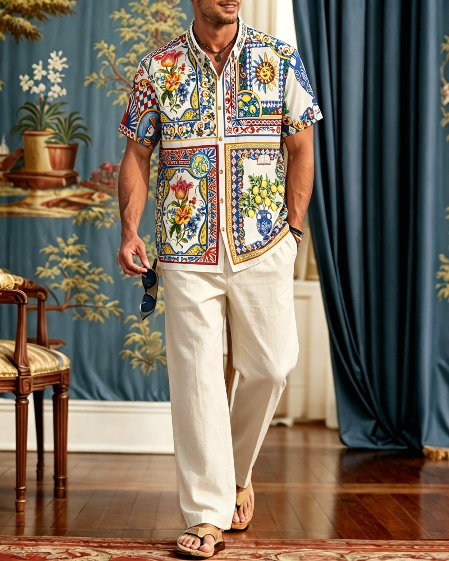 Men's Elegant Retro Lines Short-Sleeve Walking Set