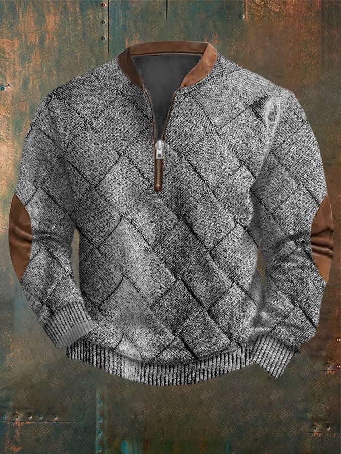 Men's Vintage Knitted Jacquard Design Printed Zipper Collar Sweatshirt