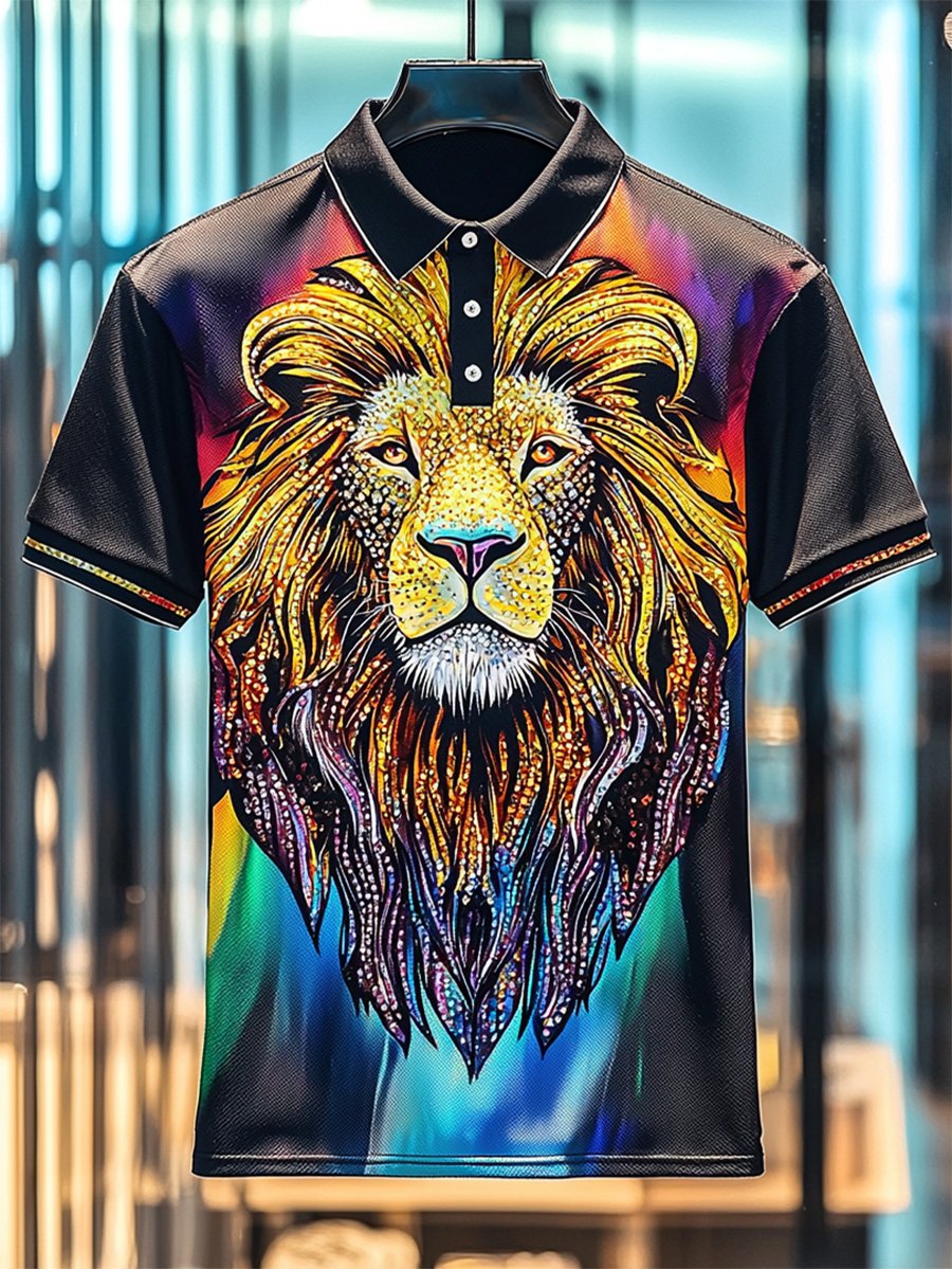 Men's Business Casual Lion Print Button Short Sleeve Polo Shirt