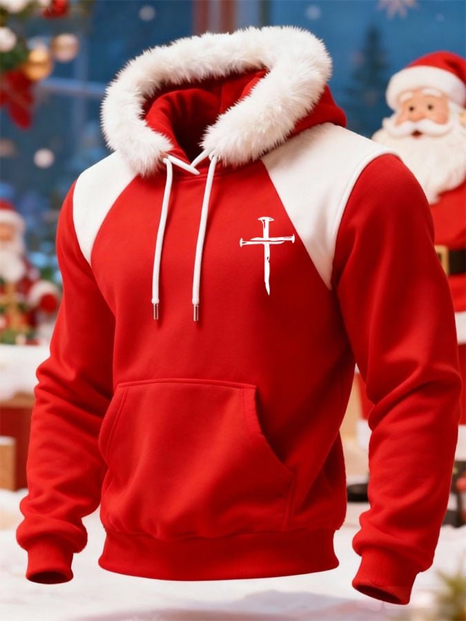 Men's Casual Patchwork Furry Hooded Sweatshirt
