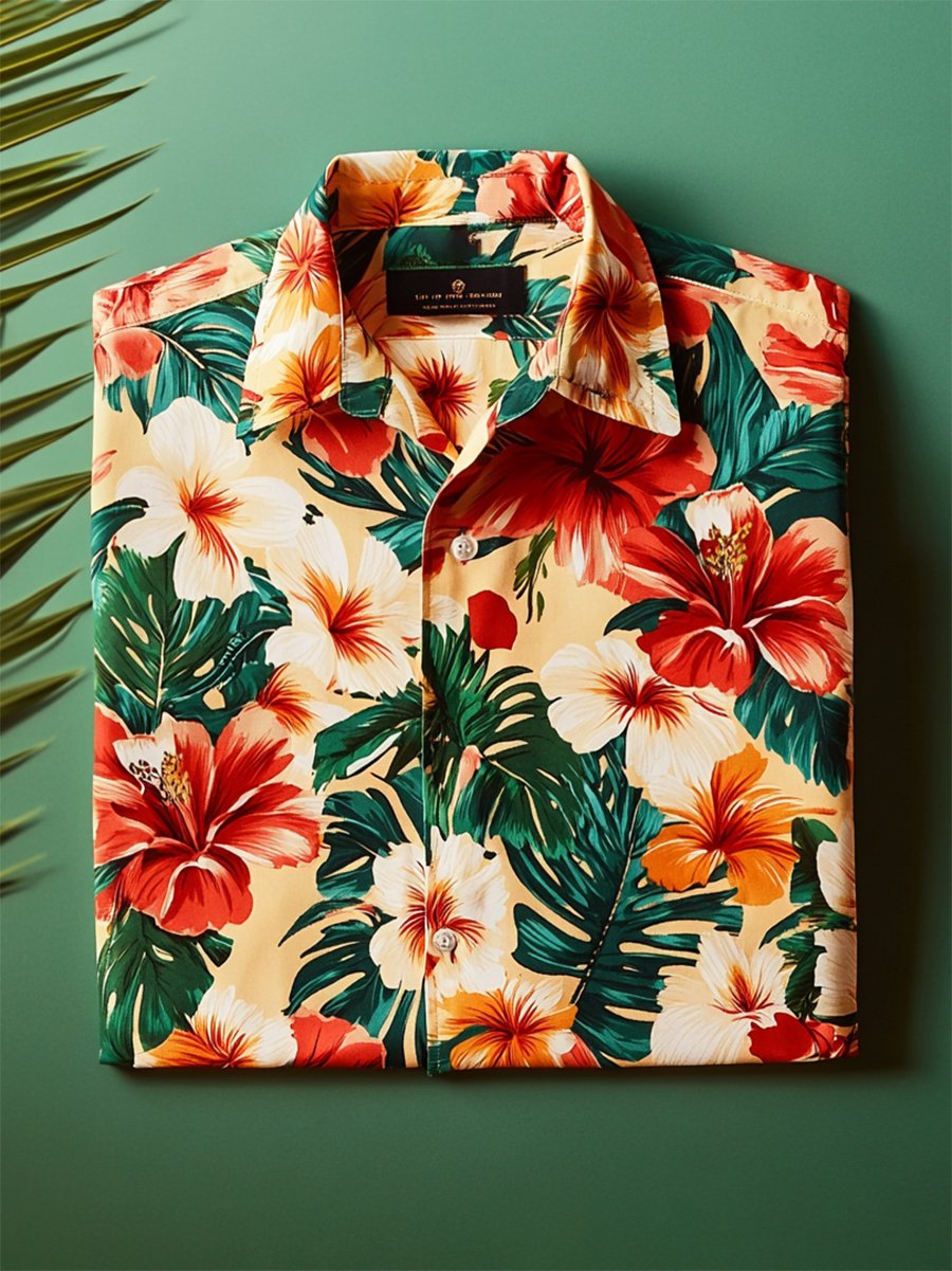 Men's Vacation Hawaiian Floral Print Lapel Short Sleeve Shirt