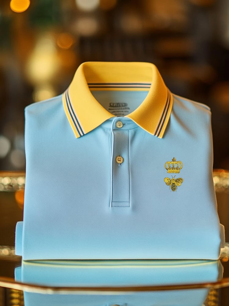 Men's Classic Business Check Logo Button Short Sleeve Polo Shirt