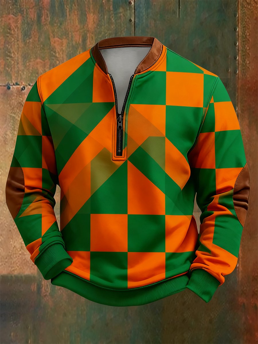 Men's Retro Bauhaus Geometric Style Print Quarter Zip Sweatshirt