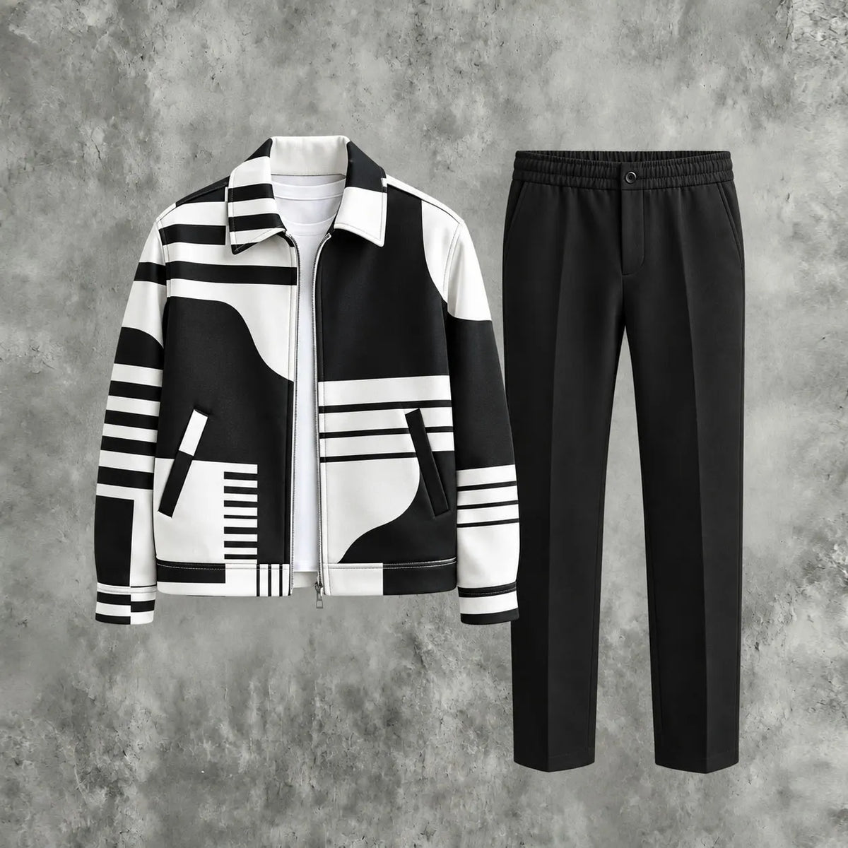 Men's Black-and-White Block-Print Zipper Hoodie and Pants Two-Piece Set