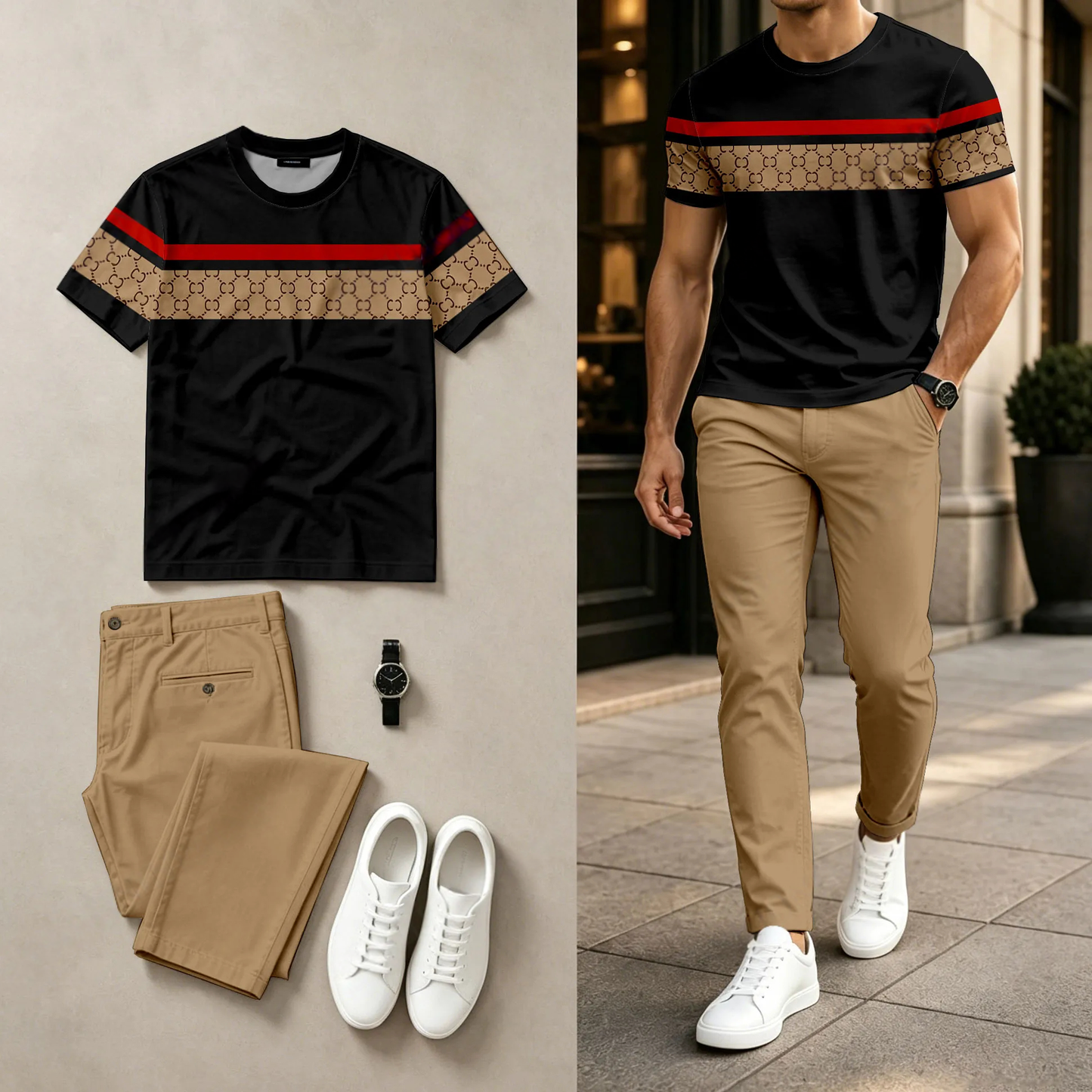 Men's Casual Color-Blocked Printed Round-Neck Short-Sleeve Top And Pants Two-Piece Set