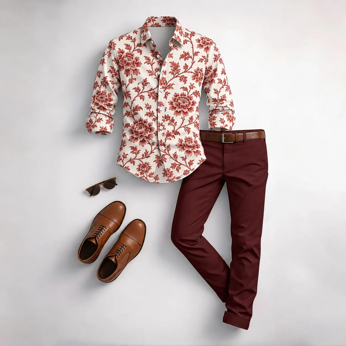 Men's Vintage Floral Print Long-Sleeve Shirt and Pants Set