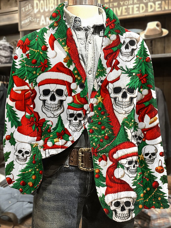 Men's Retro Christmas Skull Print Casual Blazer