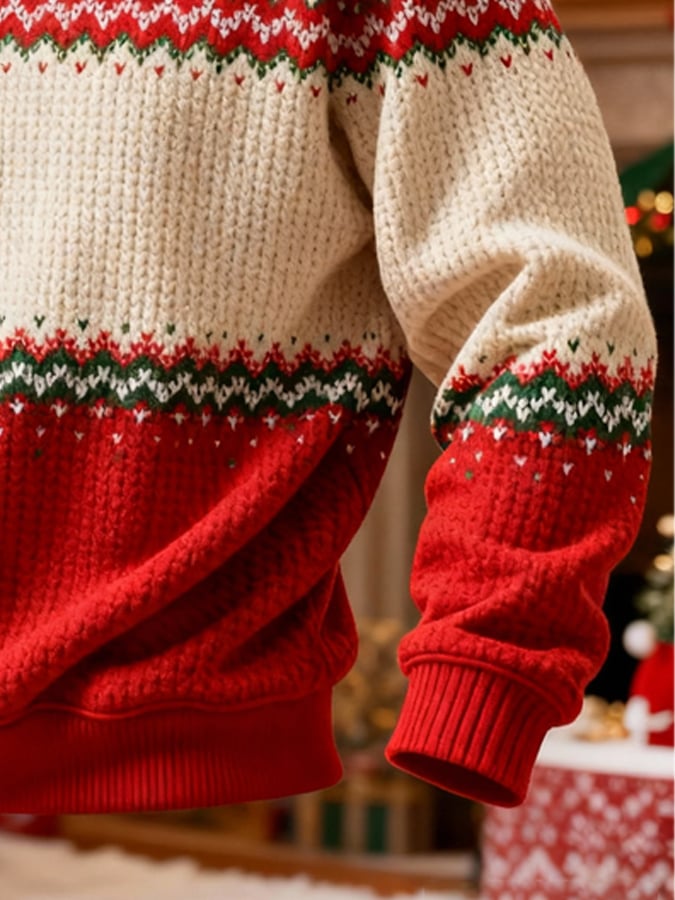 Men's Retro Color Block Print Christmas Fur Collar Sweatshirt