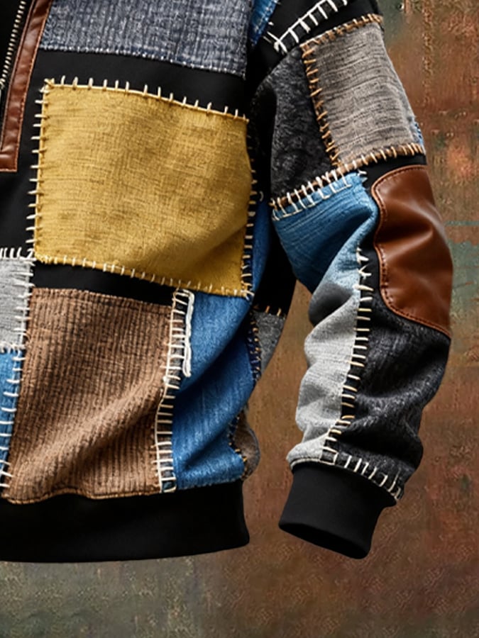 Men's Retro Color Block Print Casual Fur Collar Long Sleeve Sweatshirt