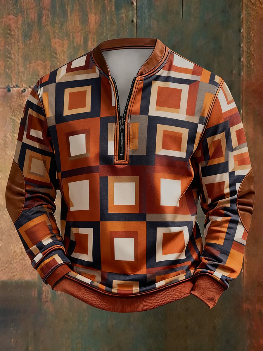 Men's Retro Bauhaus Geometric Style Print Quarter Zip Sweatshirt