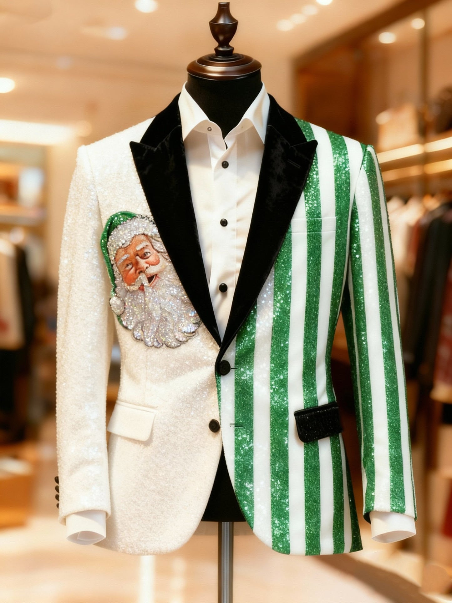 Men's Business Casual Large Pocket Notch Lapel Print Christmas Striped Santa Blazers