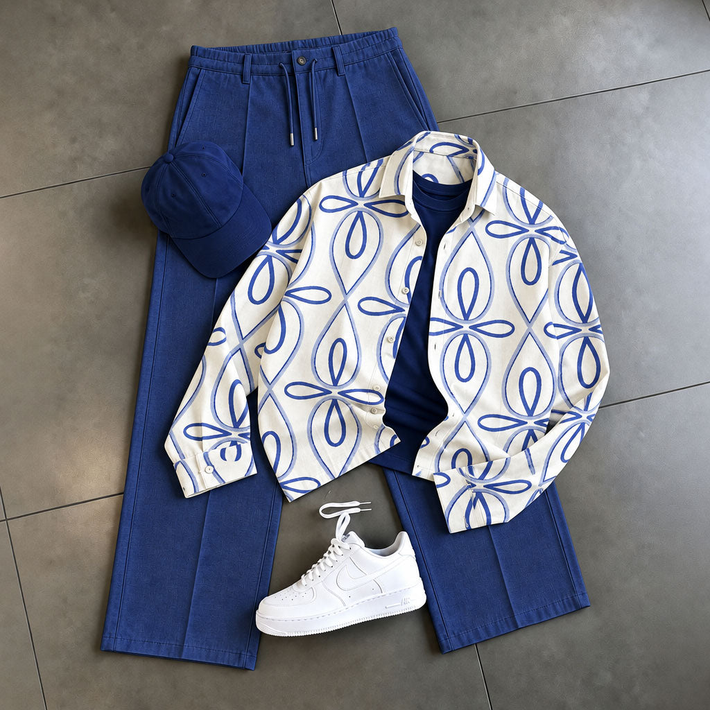 Men's Floral-Print Shirt and Pants Two-Piece Set