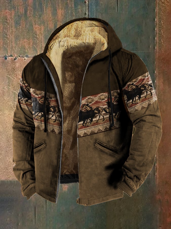Men's Vintage Western Print Cotton Zip-Up Jacket