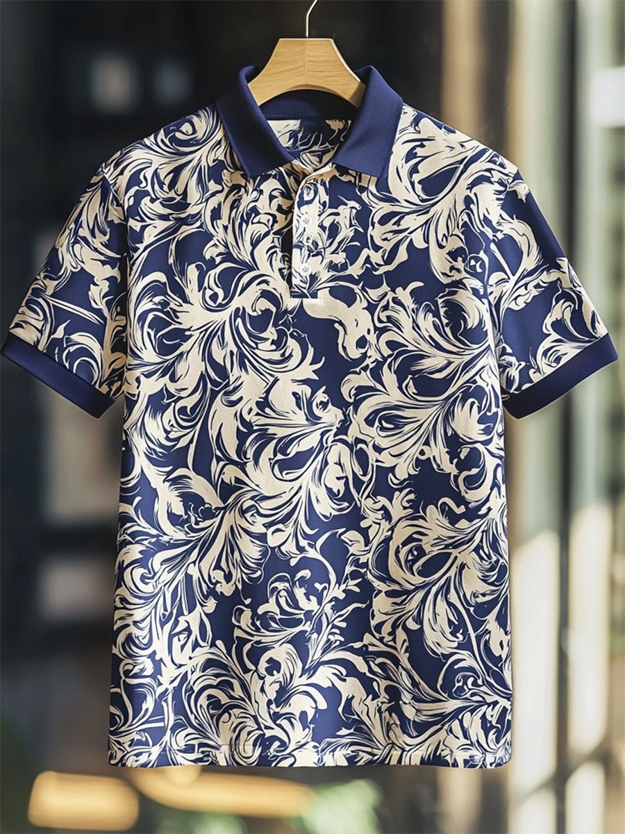Men's Business Casual Baroque Art Button Short Sleeve Polo Shirt