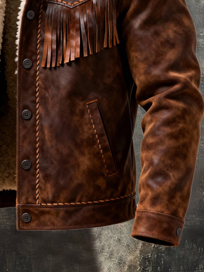 Men'S Vintage Distressed Stitching Tassel Design Fur Lapel Jacket