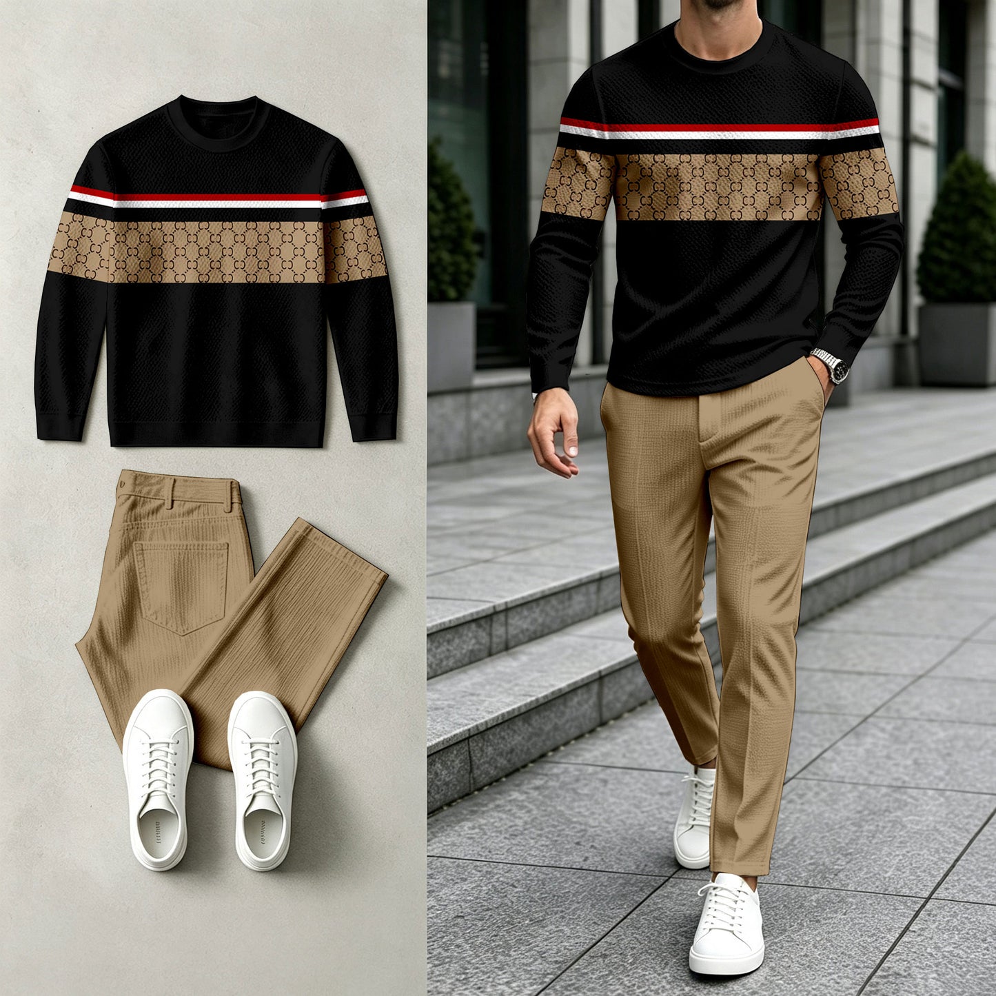 Men's Color-Blocked Round-Neck Sweatshirt and Pants Set
