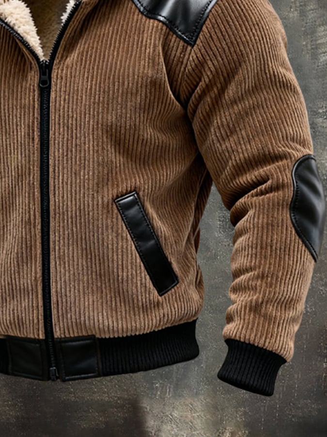 Men's Warm Plush Stitching Contrast Color Hooded Jacket