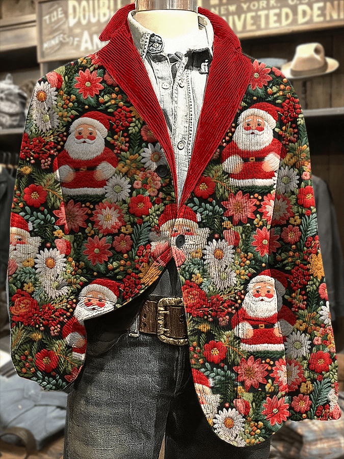 Men's Retro Christmas Art Print Corduroy Casual Jacket