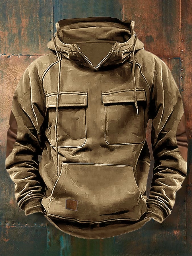 Men's Retro Western Multi-Pocket Drawstring Sweatshirt