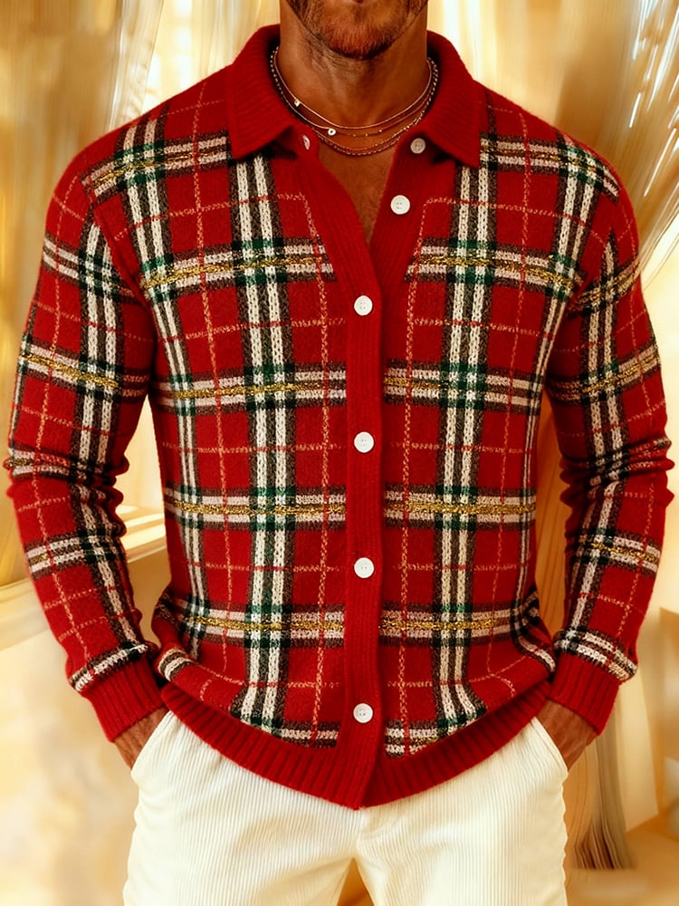 Men’s Christmas Plaid Soft Cozy Knit Cardigan Shirt