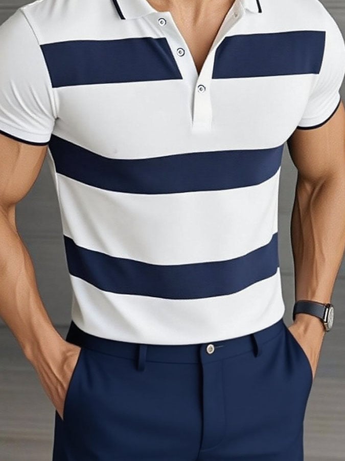 Men'S Casual Classic Striped Print Business Short-Sleeved Polo Shirt