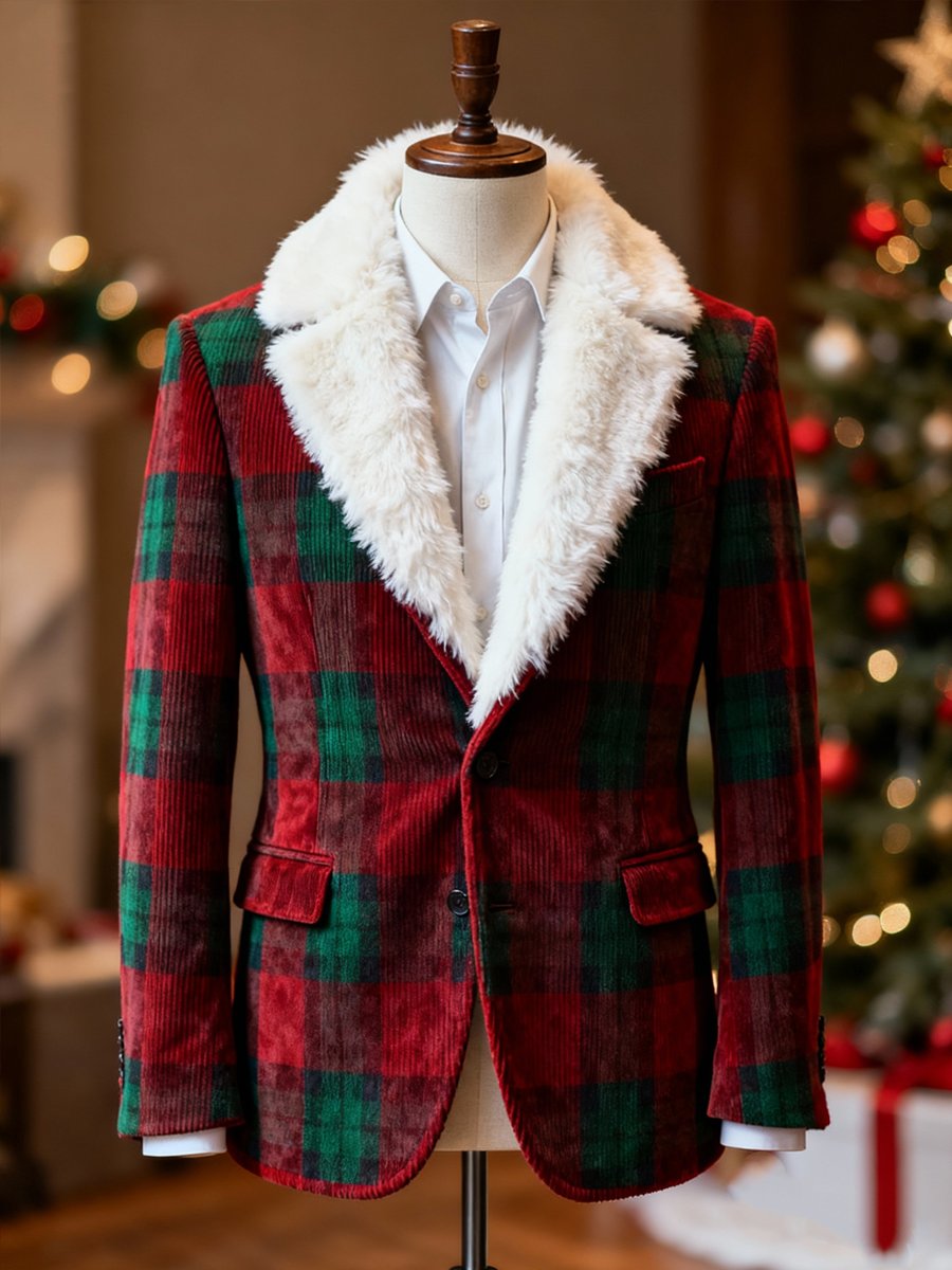 Men's Christmas plaid fur-collar suit jacket