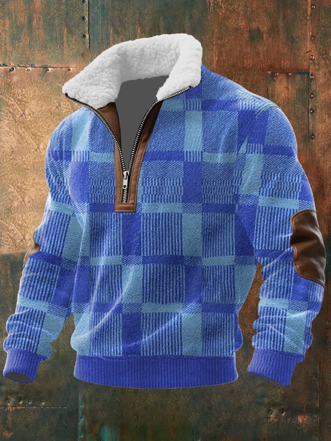 Men's Retro Western Texture Print Knit Fabric Zipper Fur Collar Long Sleeve Sweatshirt