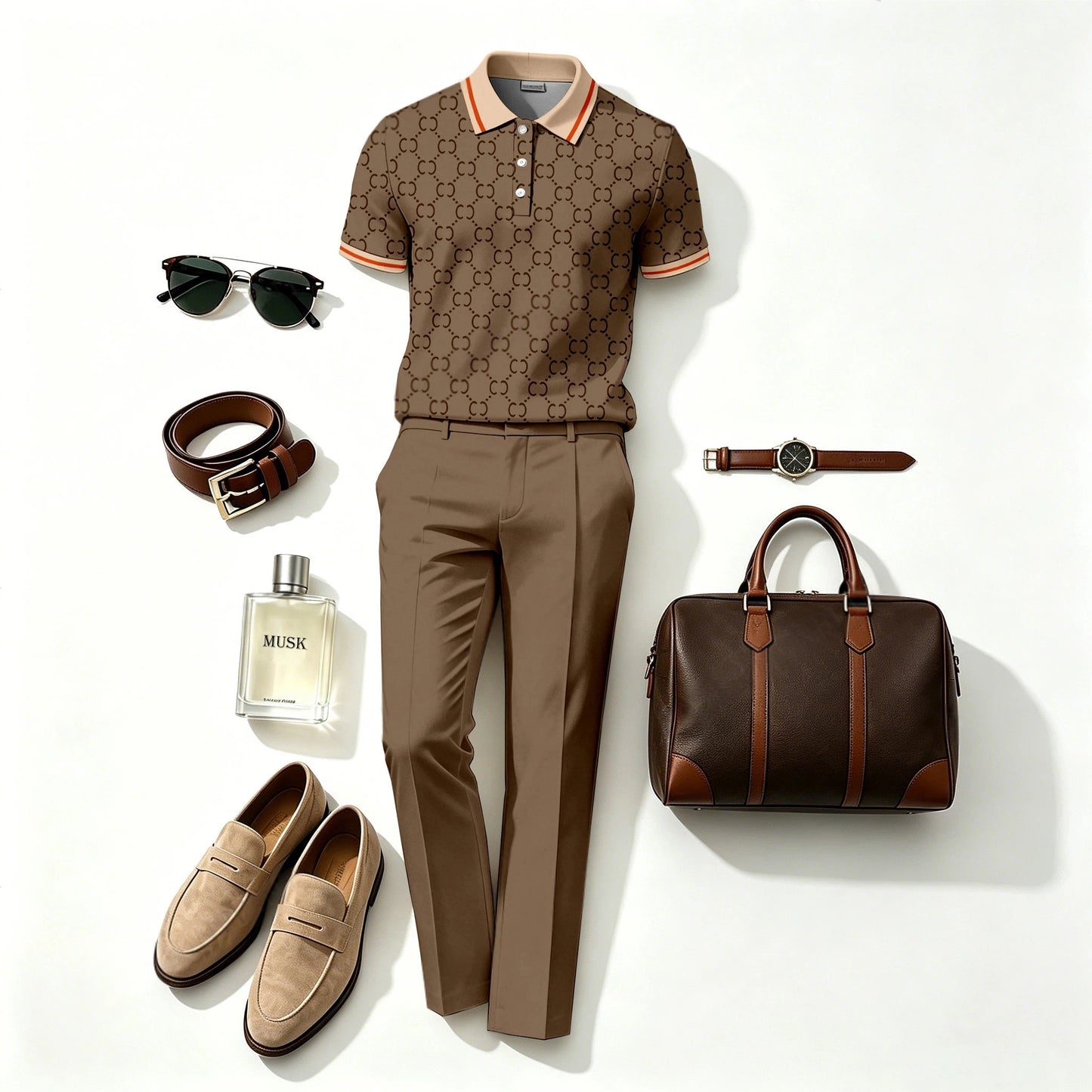 Men's Casual “Double C” Print Short-Sleeve Polo Shirt and Pants Two-Piece Set(Does Not Include Accessories Such As Watches Or Glasses)