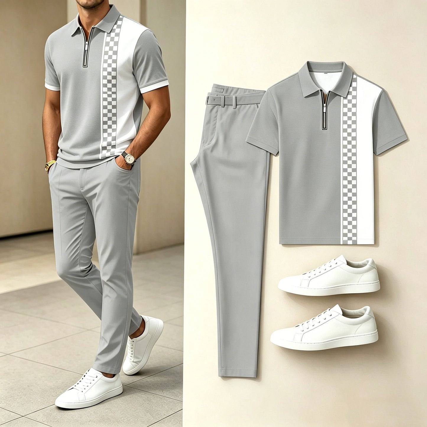 Men's Casual Printed Polo Shirt And Pants Two-Piece Set