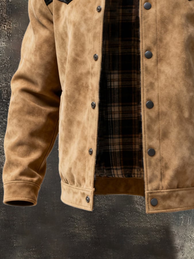 Men's Retro Contrast Plaid Lined Splicing Fur Lapel Jacket