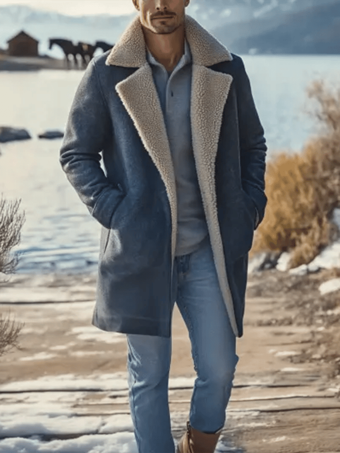 Men's Fashionable Open Pocket Button Design Imitation Leather Plush Warm Coat
