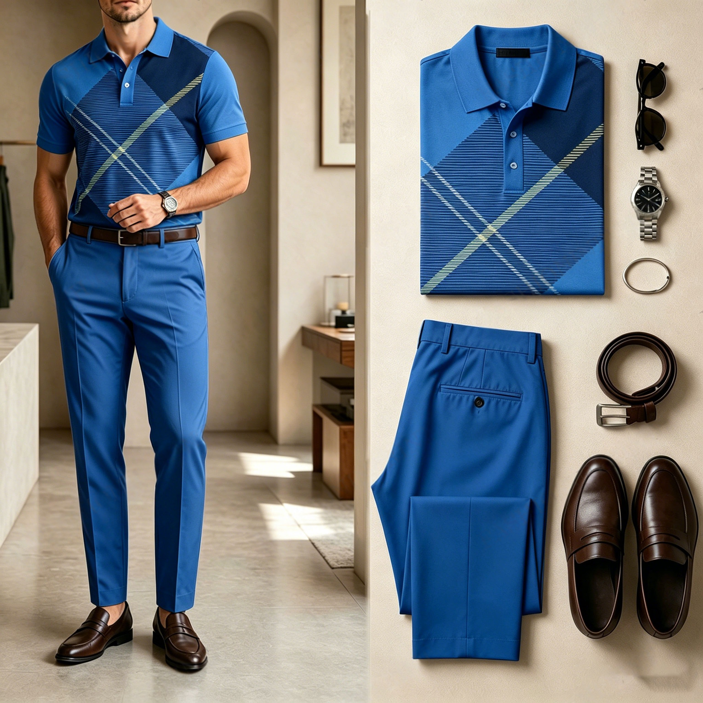 Men's Casual Checkered Print Short-Sleeve Polo Shirt And Pants Set (Excludes Accessories Such As Watches And Belts)