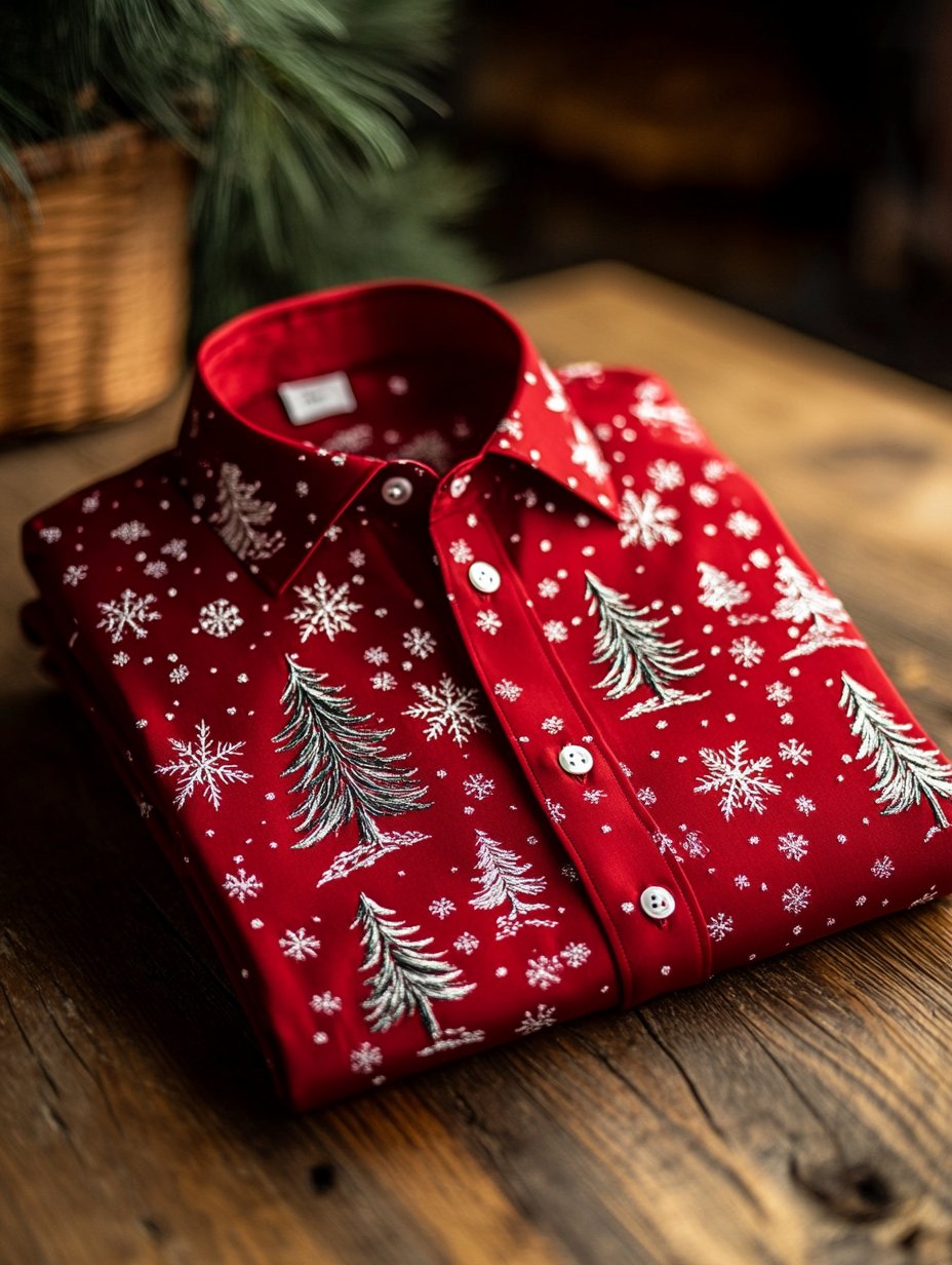 Men's Business Retro Christmas Snowflake Evergreen Print Long Sleeve Shirt