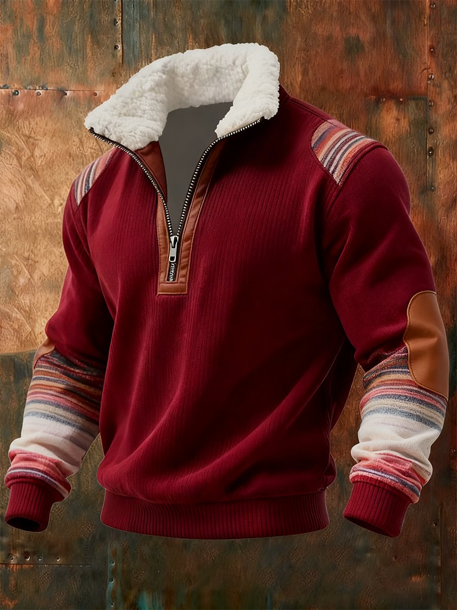 Men's Vintage Western Quarter Zip Fur Collar Sweatshirt