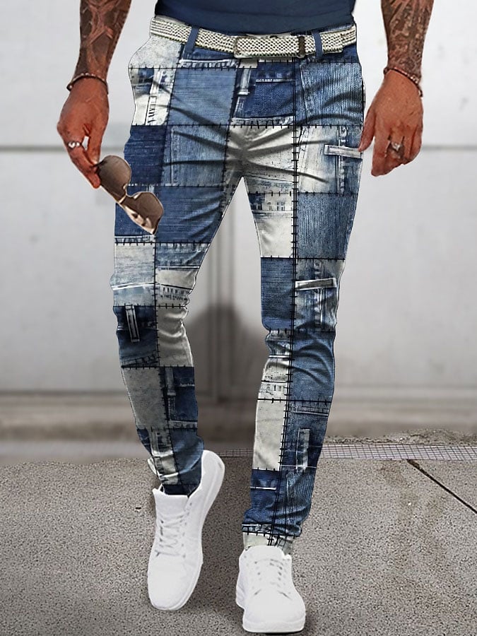 Men's Patchwork Pattern Plaid Geometry Business Printed Pant