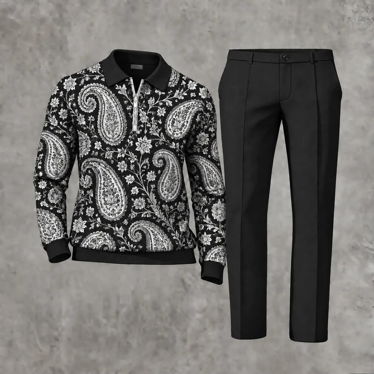 Men's Printed Zipper Polo Shirt and Pants Set