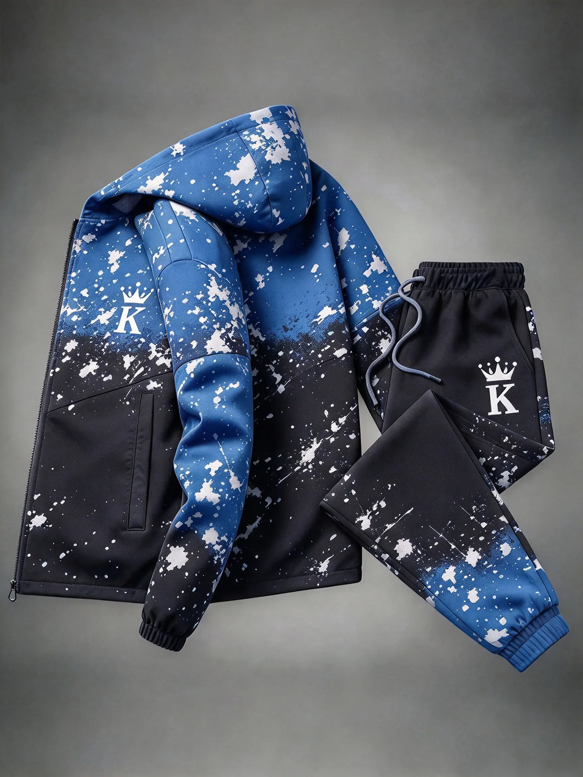 Men‘s Gradient Splash Ink Crown Hoodie Tracksuit 2Pcs Outfit