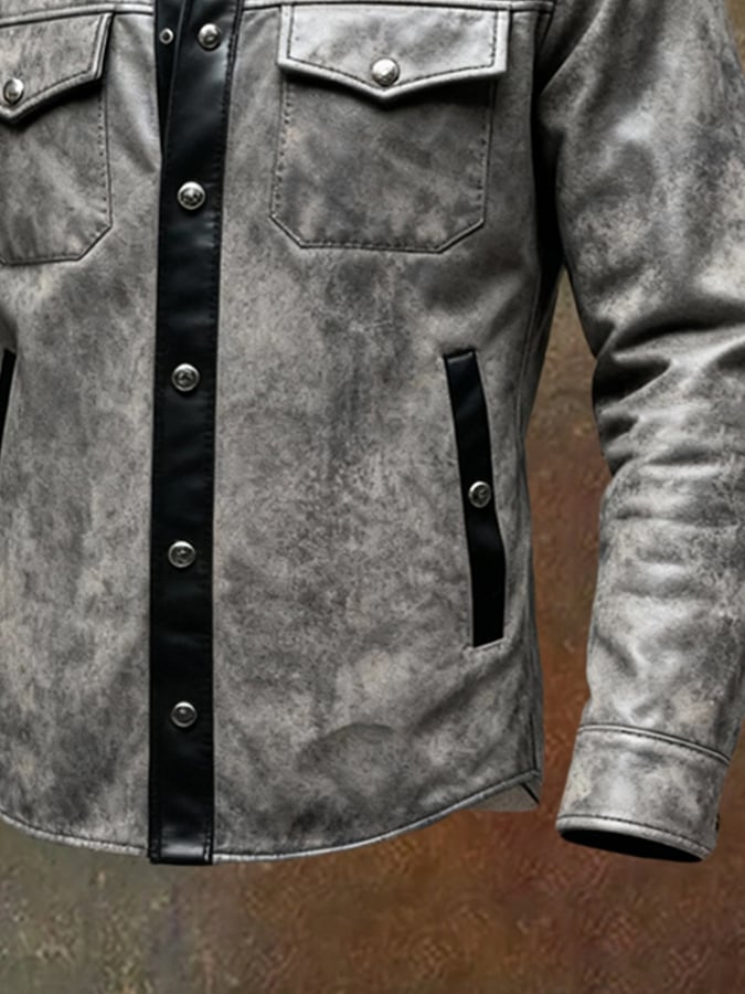 Men'S Vintage Soft Leather Patchwork Contrast Color Long Sleeve Shirt