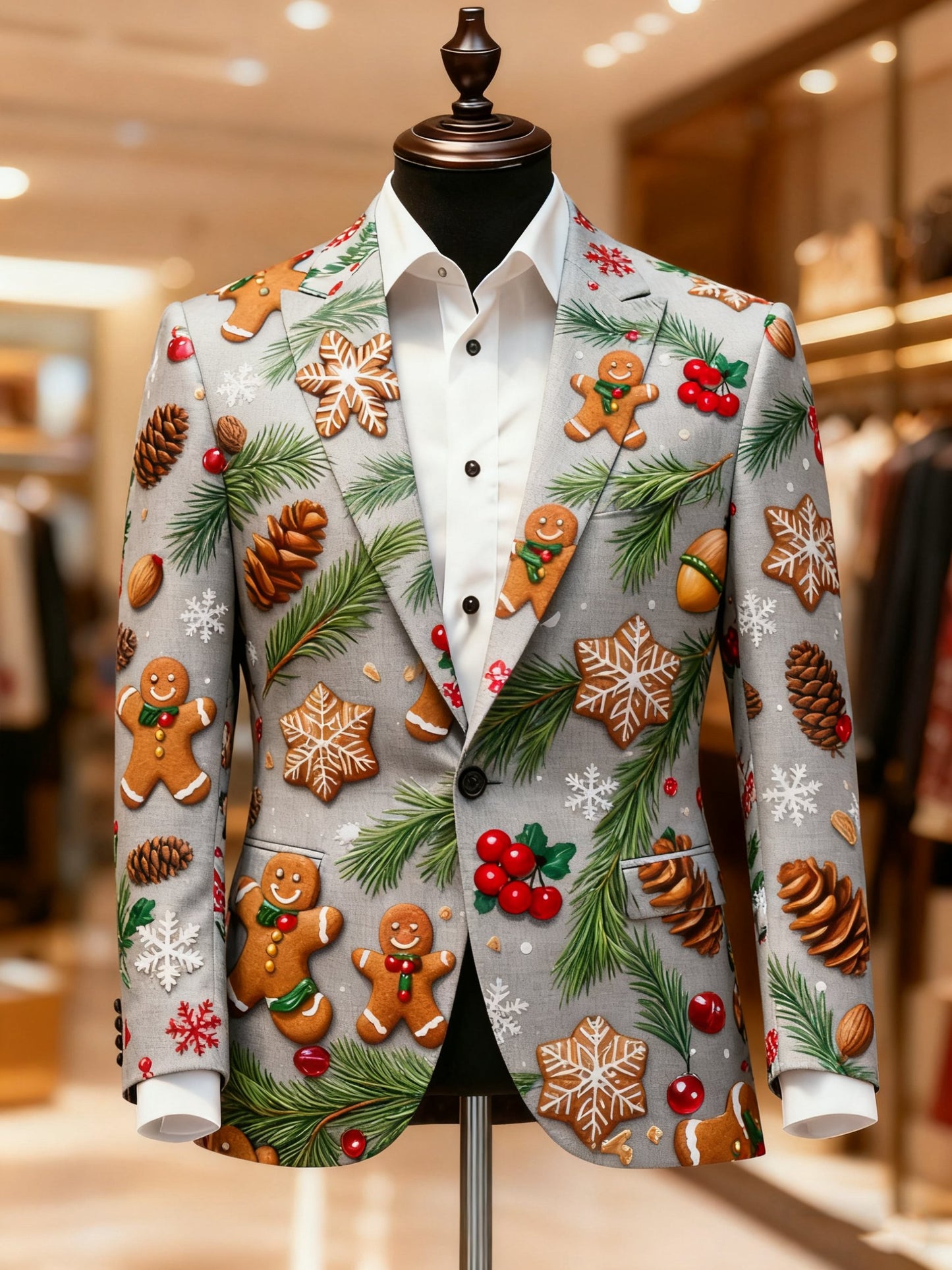 Men's Business Casual Notch Lapel Vintage Xmas Gingerbread Print Blazers