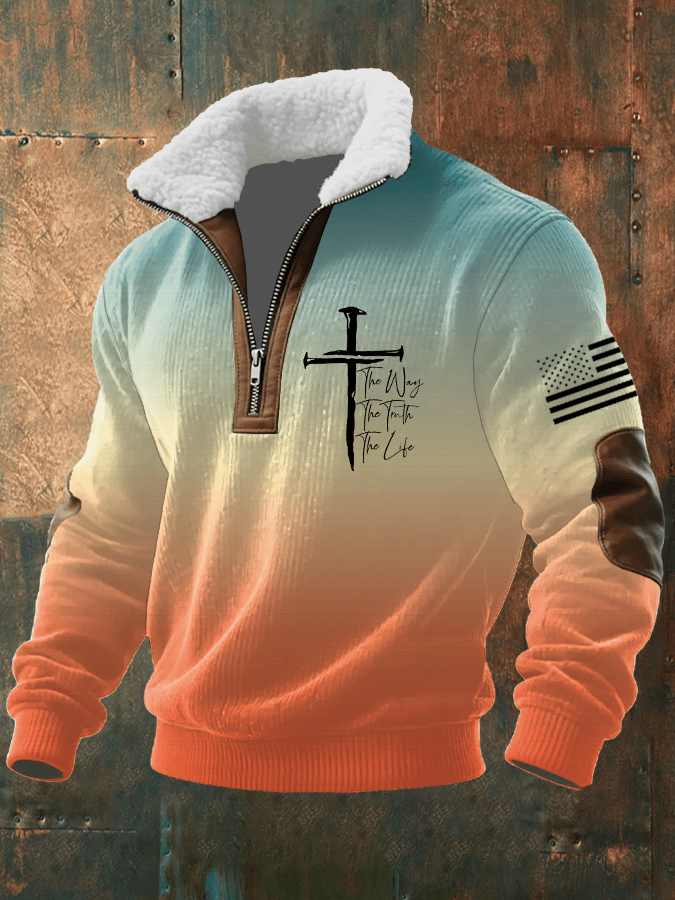 Men's Faith Print Knitted Fabric Zipper Fur Collar Long-Sleeved Sweatshirt