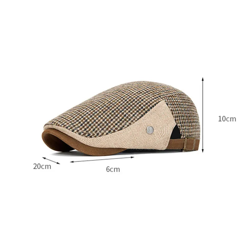Men's Vintage Houndstooth Patchwork Adjustable Buckle Strap Flat Cap