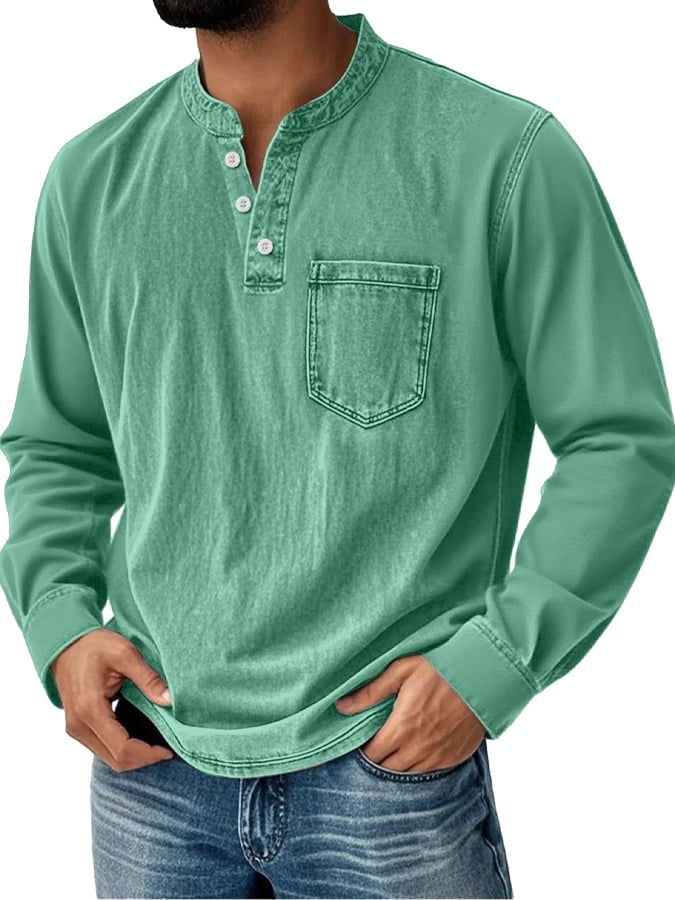 Men's Vintage Basic Distressed Long Sleeve Henley Shirt