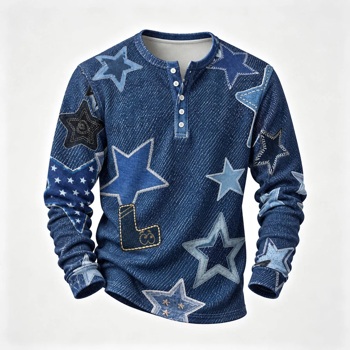 Men's Printed Henley-Neck Long-Sleeve Shirt