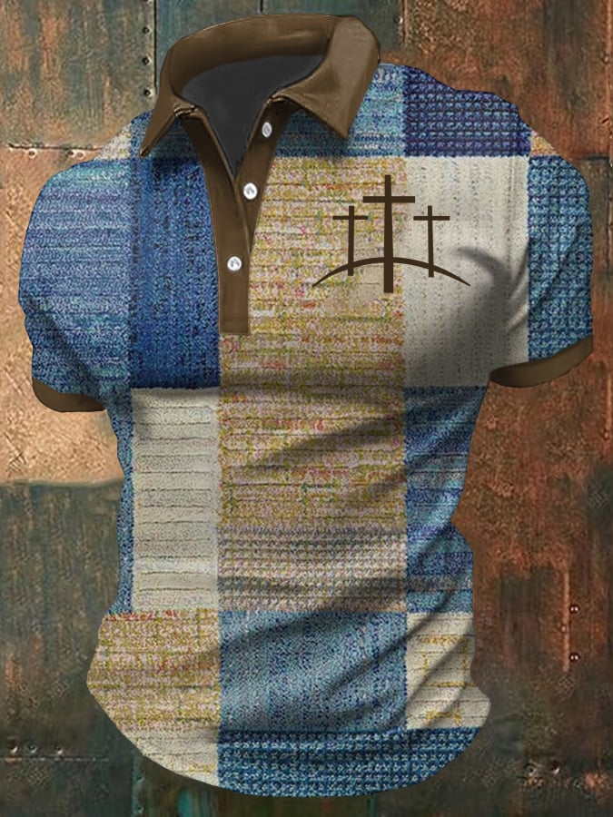 Men's Retro Faith Cross Patchwork Printed Casual POLO Shirt