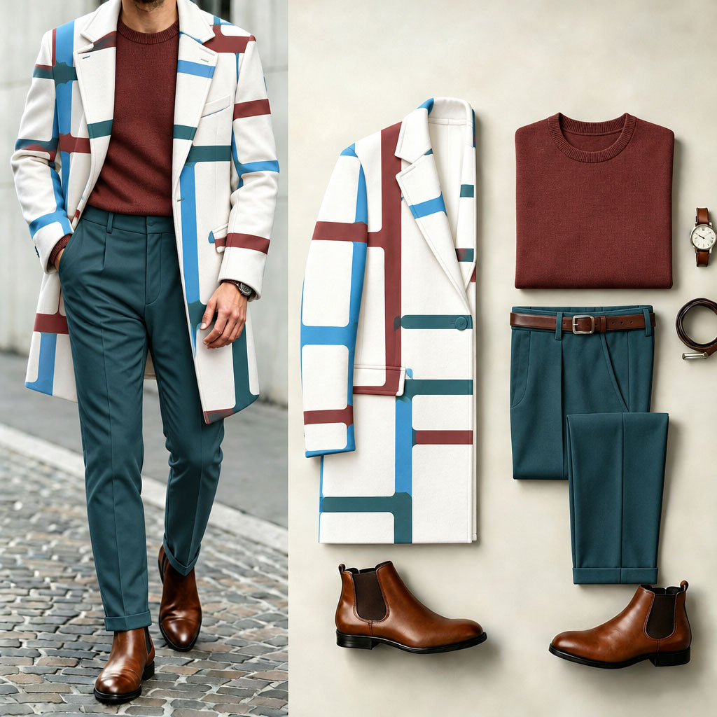 Men's Color-Blocked Suit Set: Coat, Knit Sweater, and Pants