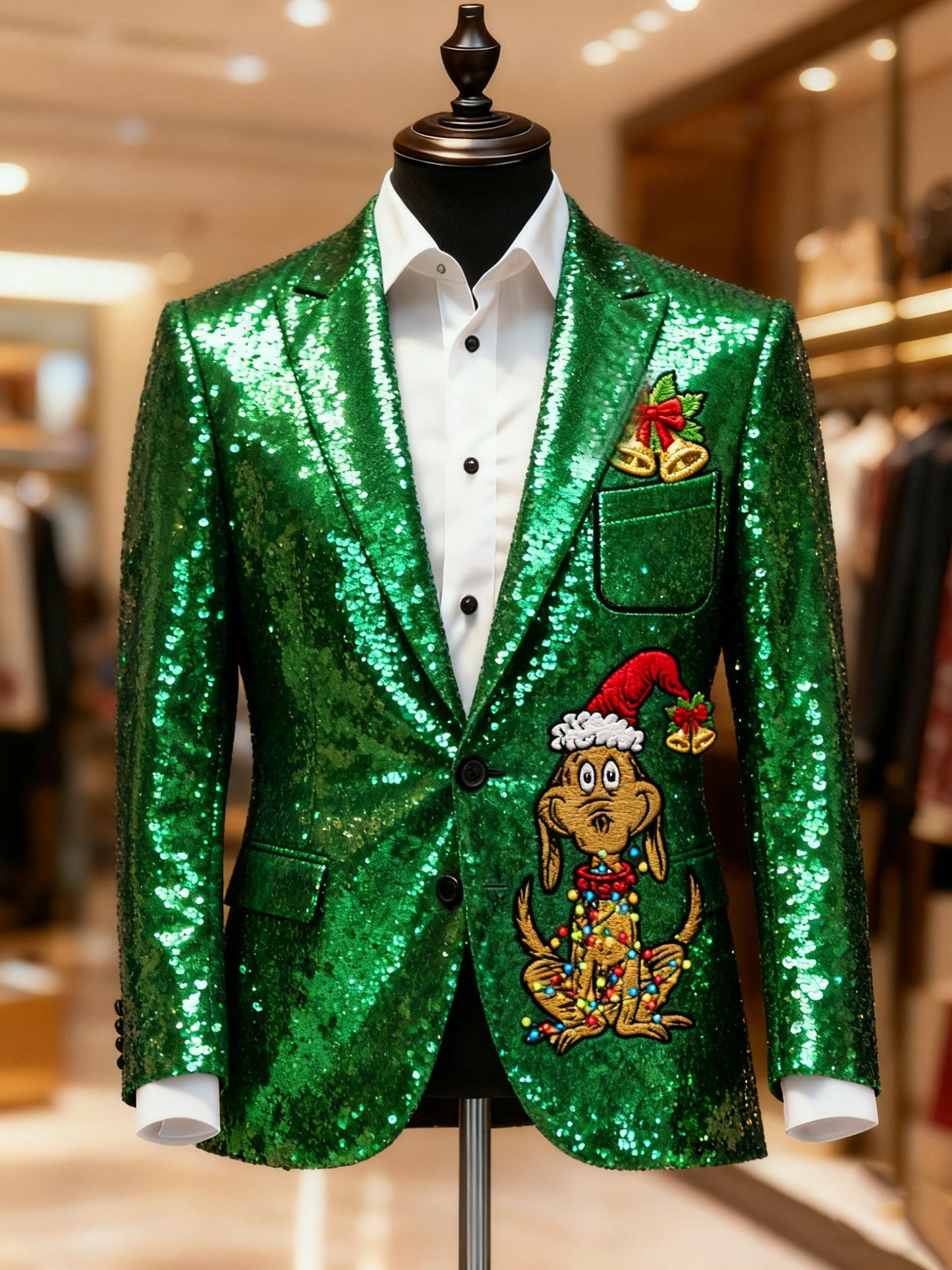 Men's Business Casual Large Pocket Notch Lapel Print Christmas Green Monster Merry Grinchmas Blazers