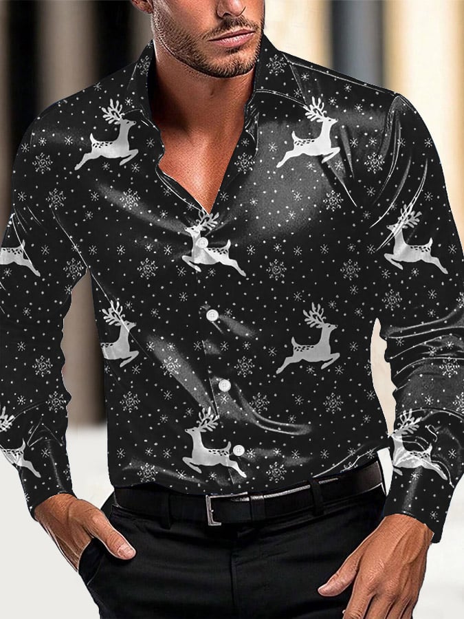 Men's Luxury Christmas Contrast Color Print Long Sleeve Shirt