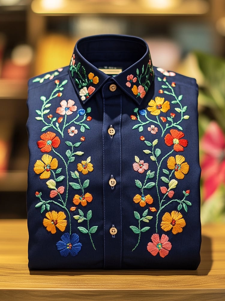 Men's Business Casual Floral Lapel Short Sleeve Shirt