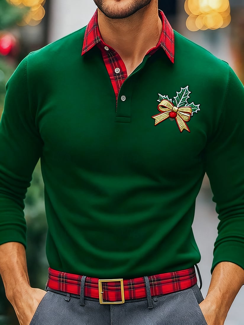 Men's Christmas Plaid Long Sleeve Polo Shirt